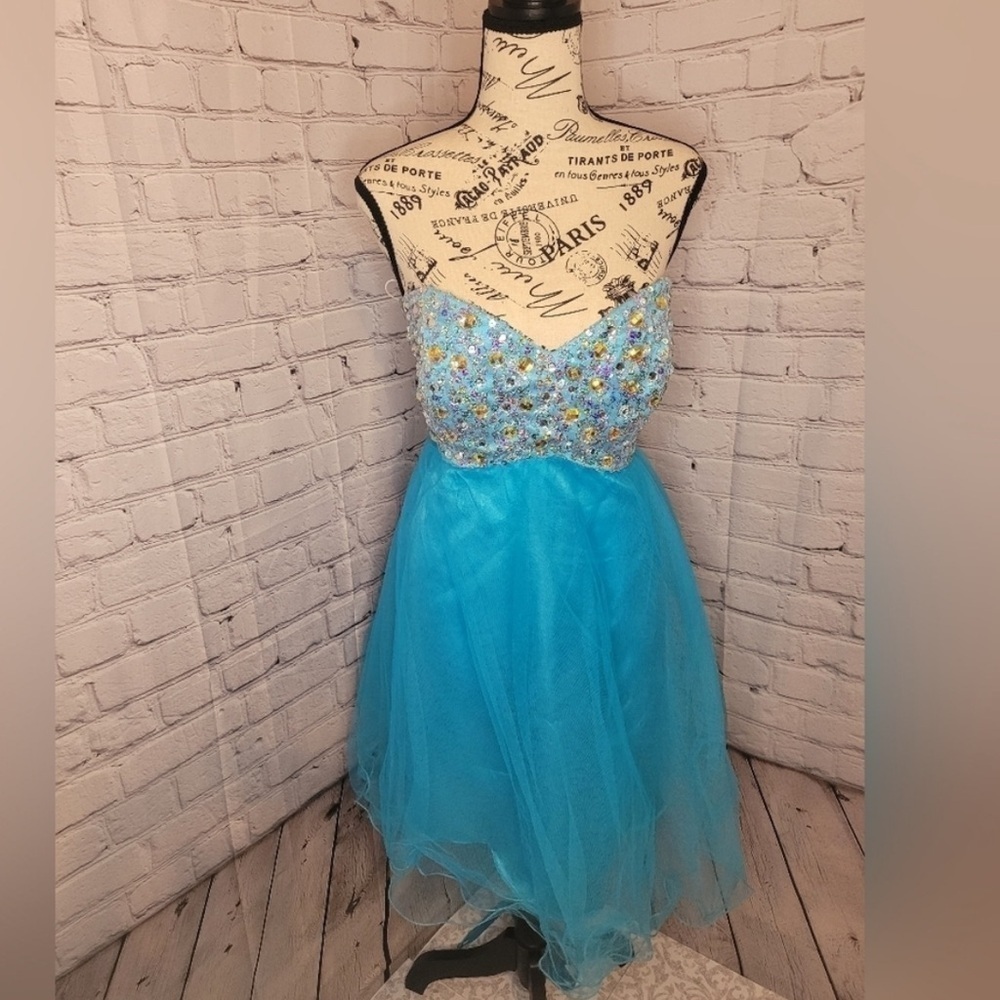 Vintage Y2K Stepping Out Strapless Bejewled Prom Dress Bright Blue - Size 16/17